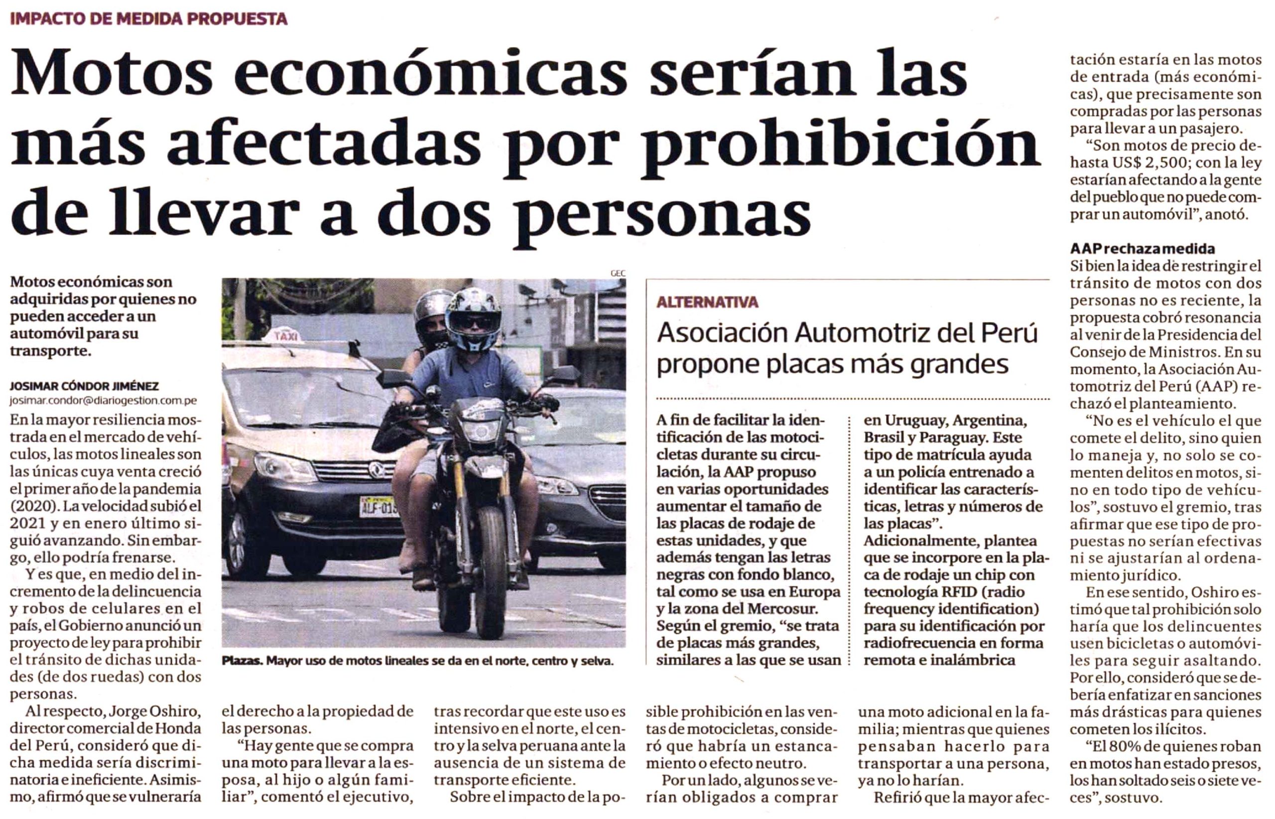 Motos económicas serían las más afectadas por prohibición de llevar a dos personas