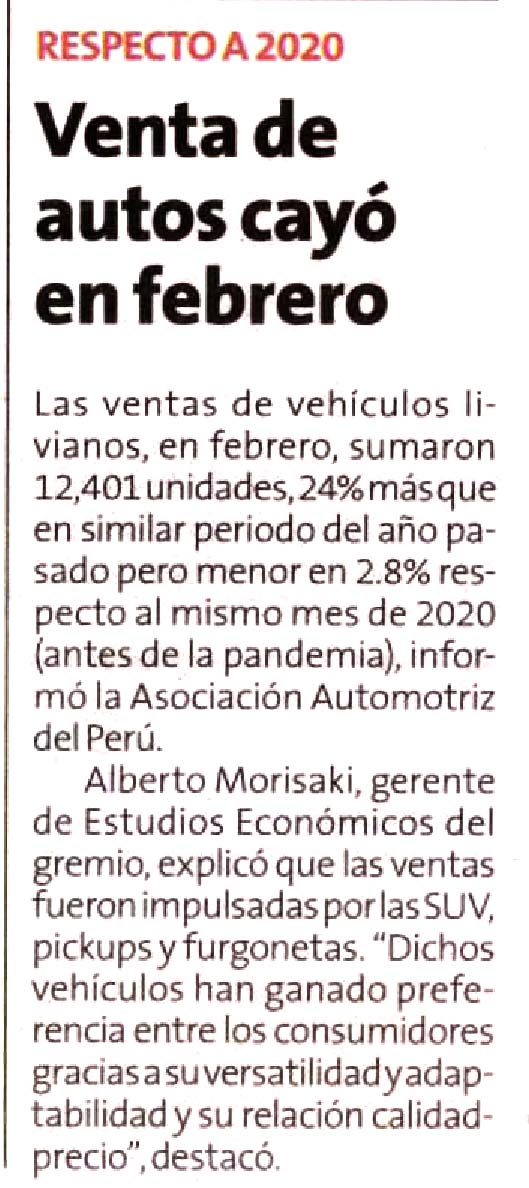 Venta de autos cayó en febrero
