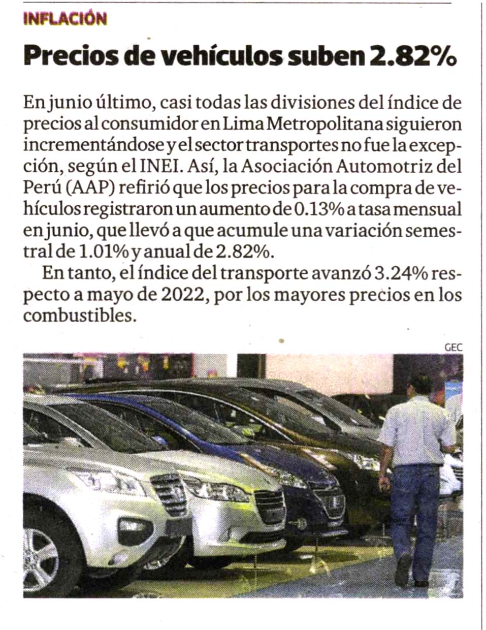 Precios de vehículos suben 2.82%