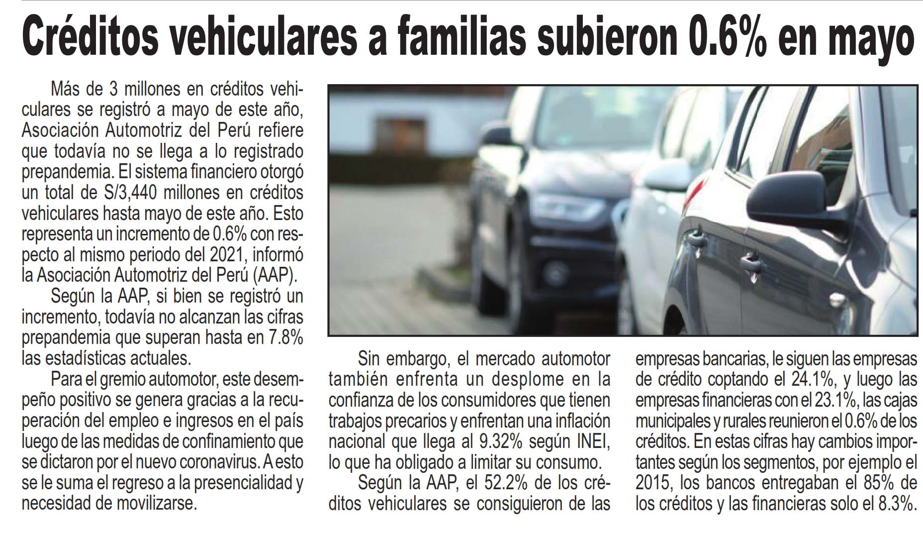 Créditos vehiculares a familias subieron 0.6% en mayo