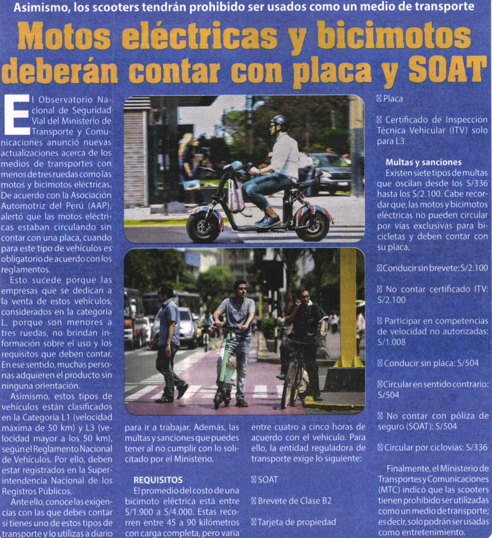 Motos eléctricas y bicimotos deberán contar con placa y SOAT
