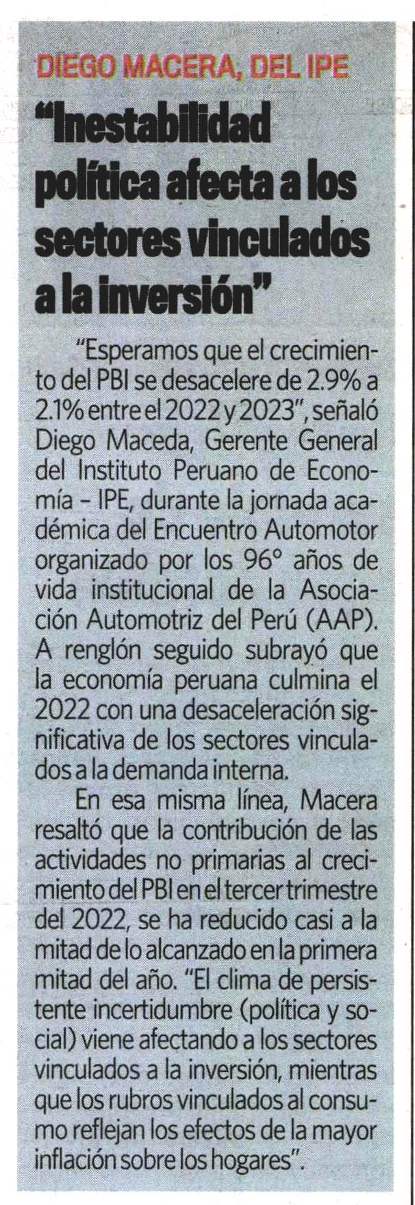 Inestabilidad política afecta a los sectores vinculados a la inversión