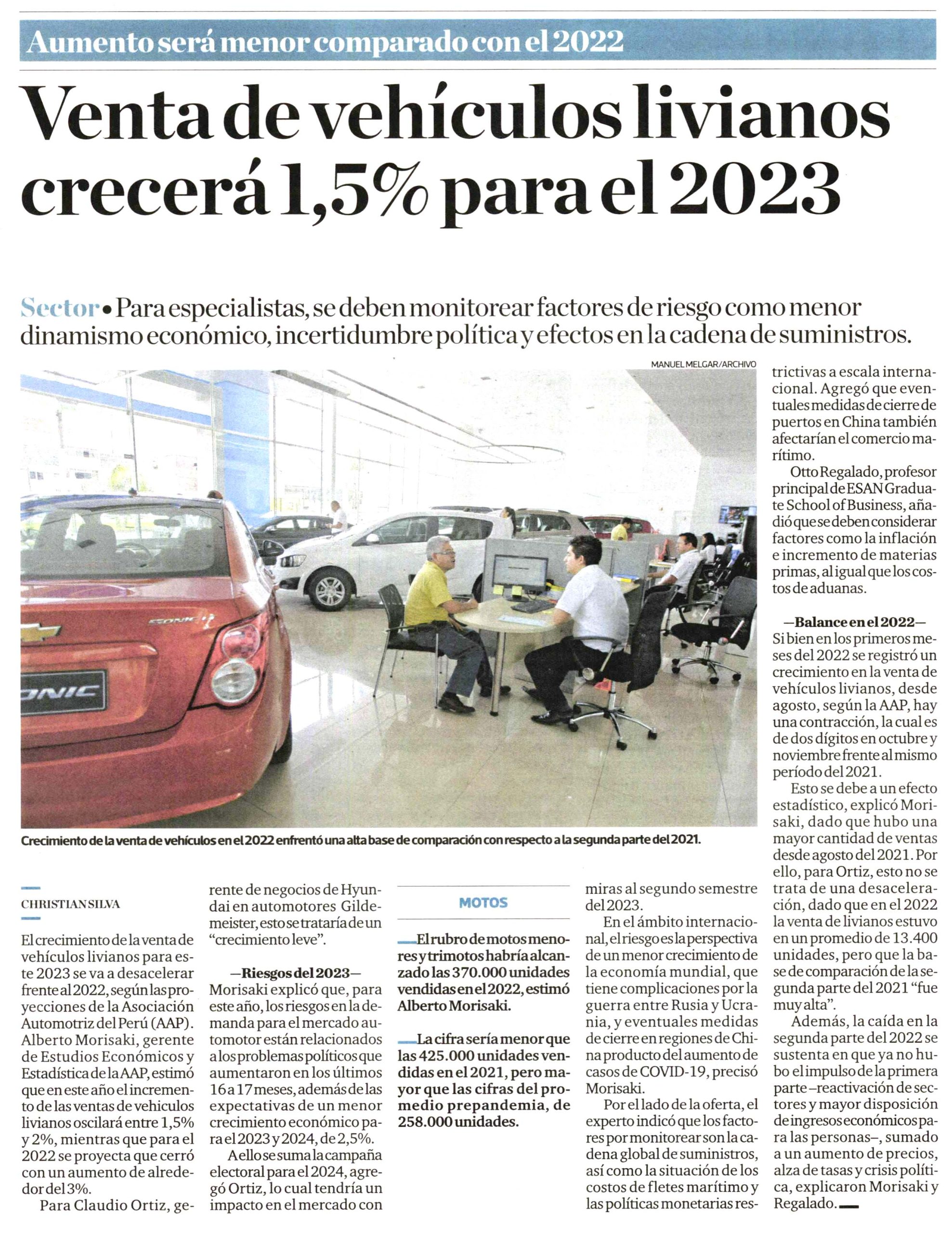 Venta de vehículos livianos crecerá 1,5% para el 2023