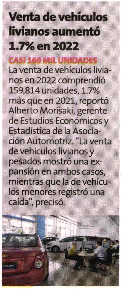 Venta de vehículos livianos aumentó 1.7% en 2022