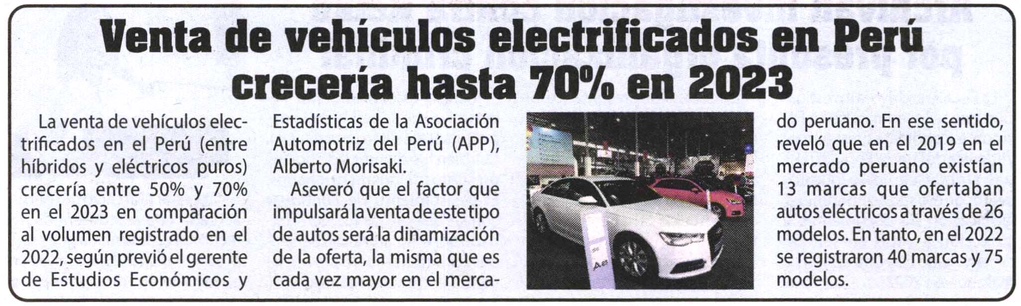 Venta de vehículos electrificados en Perú crecería hasta 70% en 2023