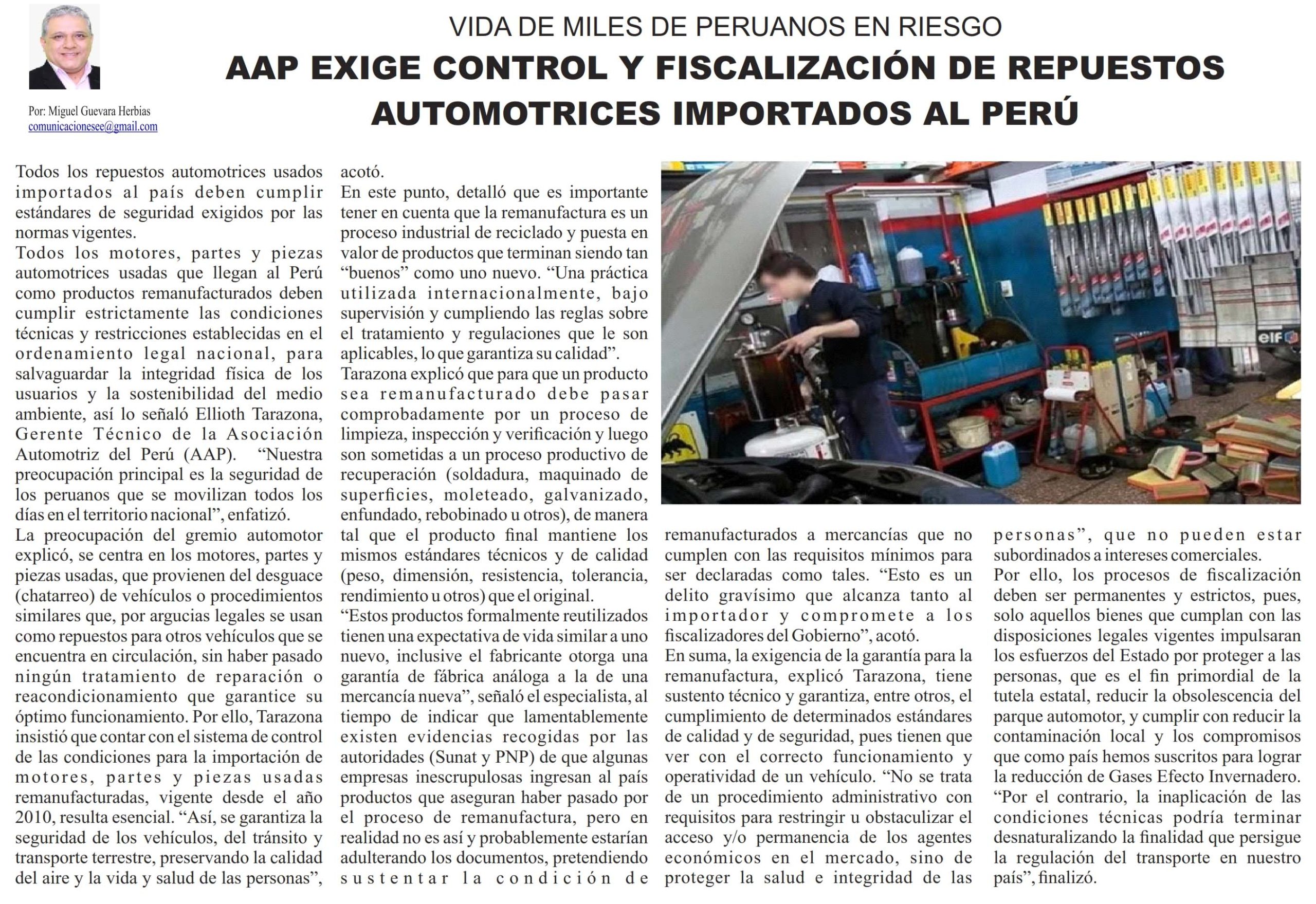 AAP exige control y fiscalización de repuestos automotrices importados al Perú