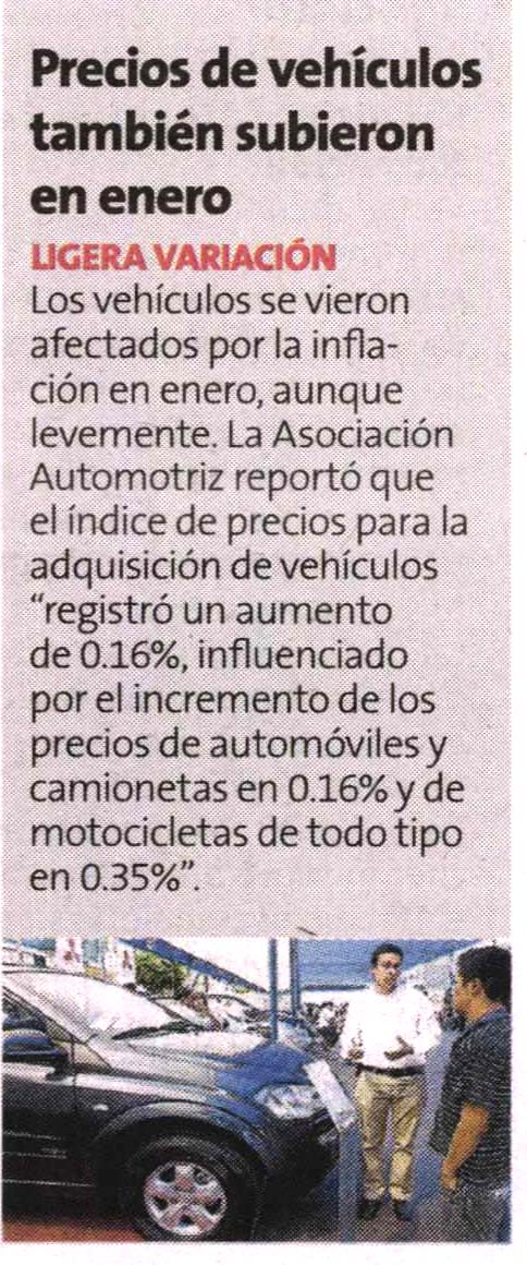 Precios de vehículos también subieron en enero