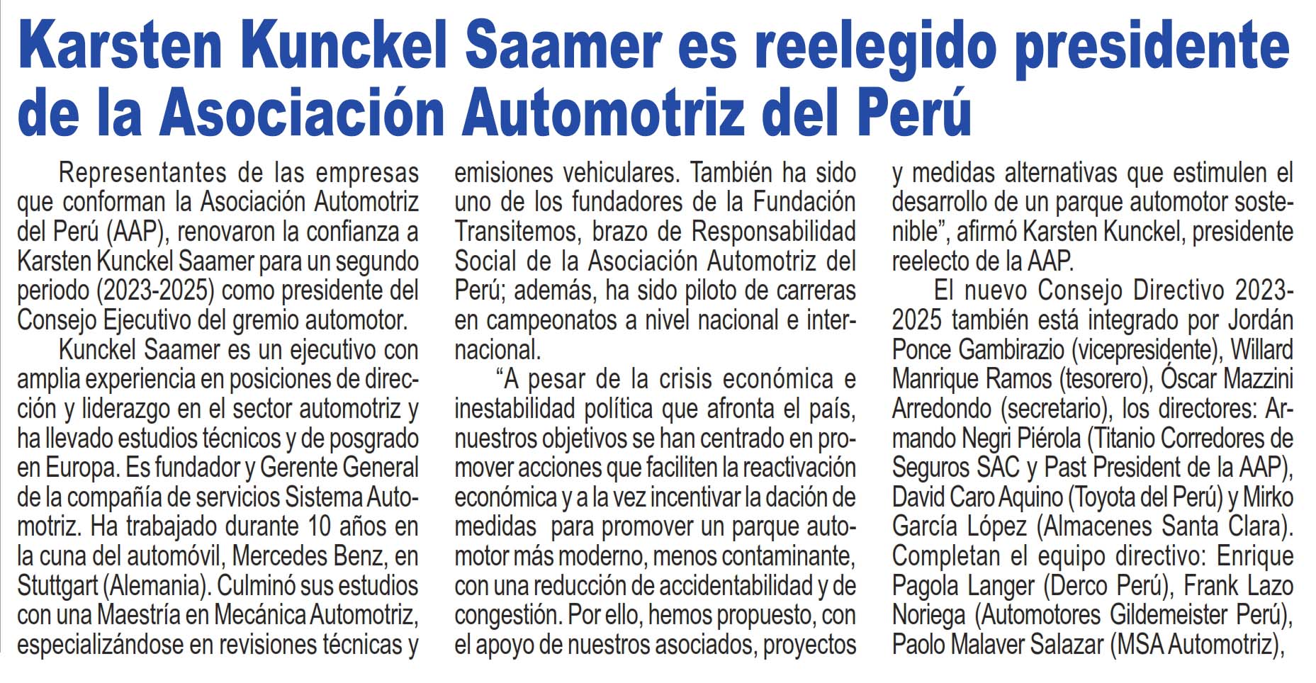 Karsten Kunckel Saamer es reelegido presidente de la Asociación Automotriz del Perú