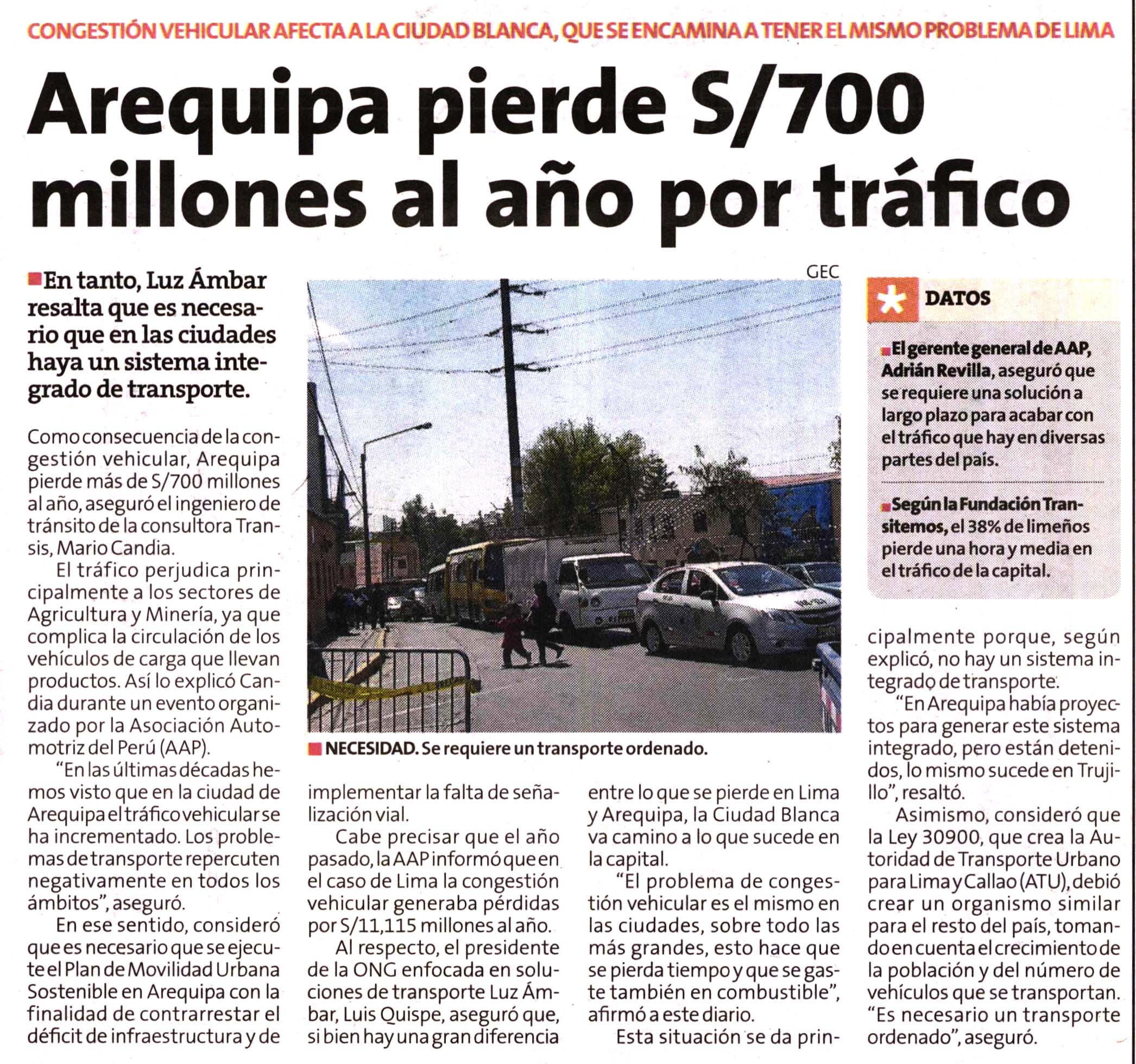 Arequipa pierde más de 700 millones de soles al año por congestión vehicular