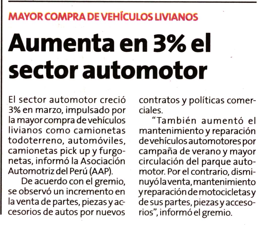 Aumenta en 3% el sector automotor