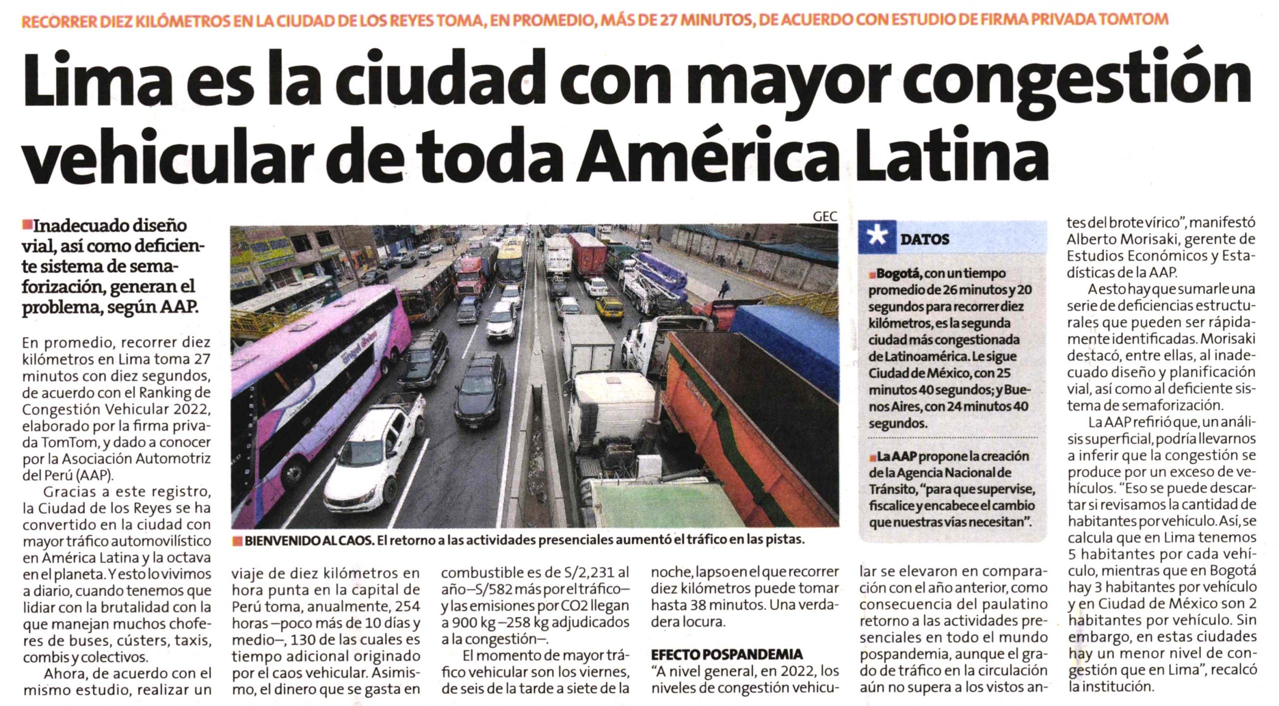 Lima es la ciudad con mayor congestión vehicular de toda América Latina