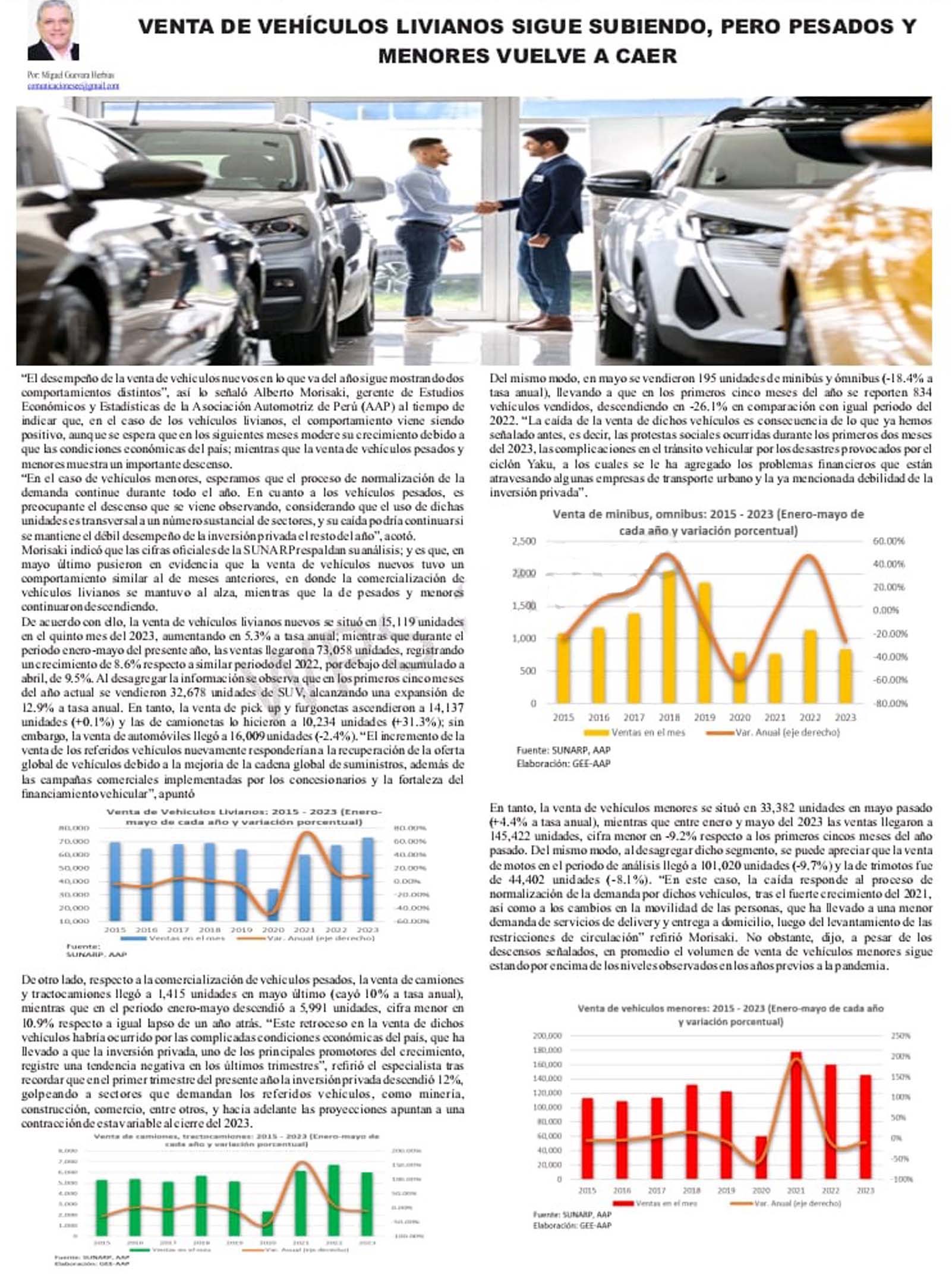 Venta de vehículos livianos sigue subiendo pero pesados y menores vuelve a caer
