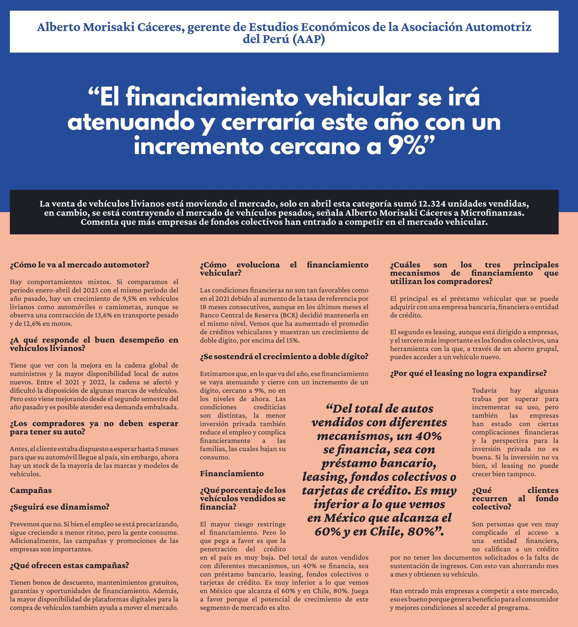 “El financiamiento vehicular se irá atenuando y cerraría este año con un incremento cercano a 9%”
