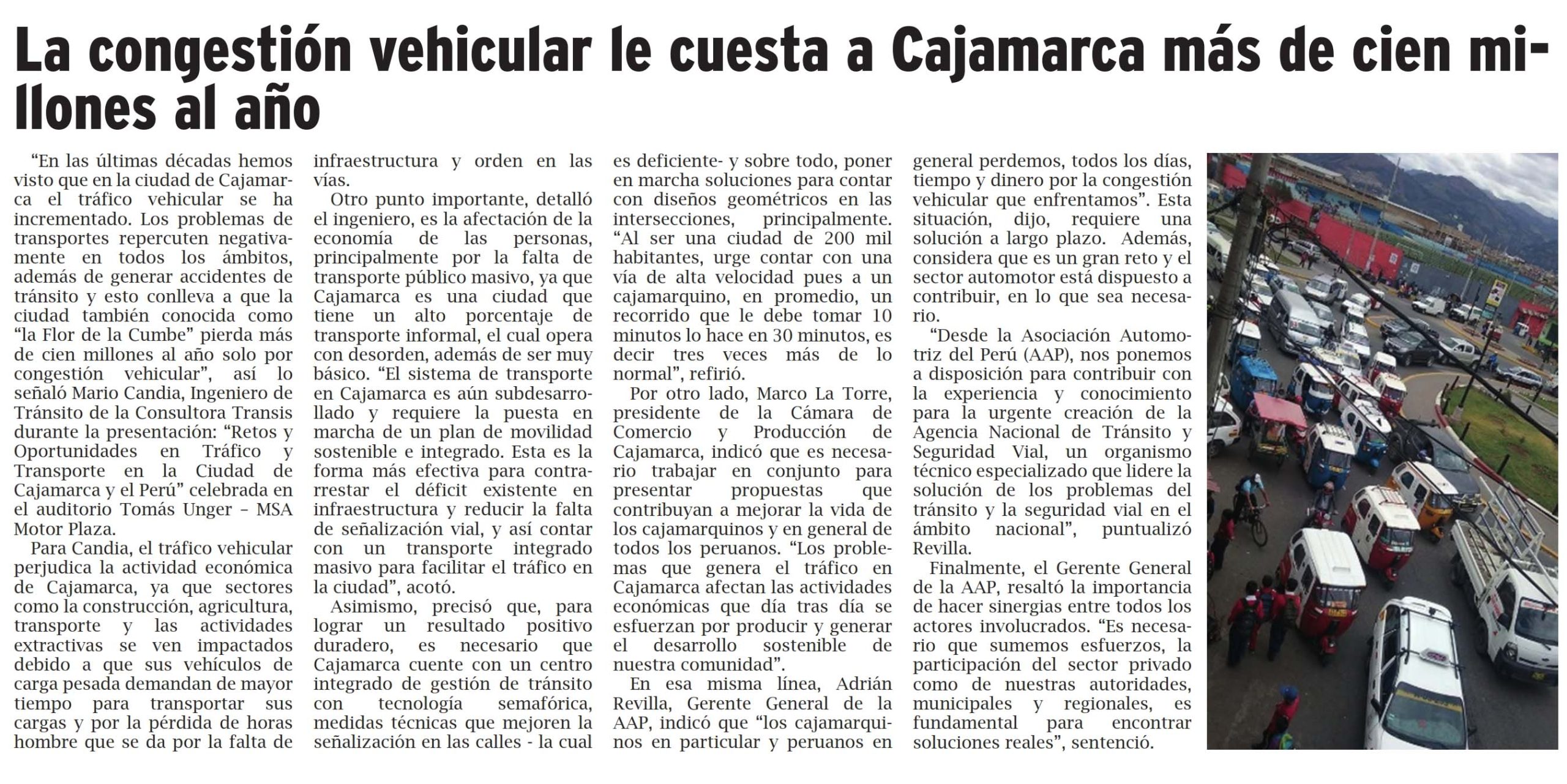 La congestión vehicular le cuesta a Cajamarca más de cien millones al año