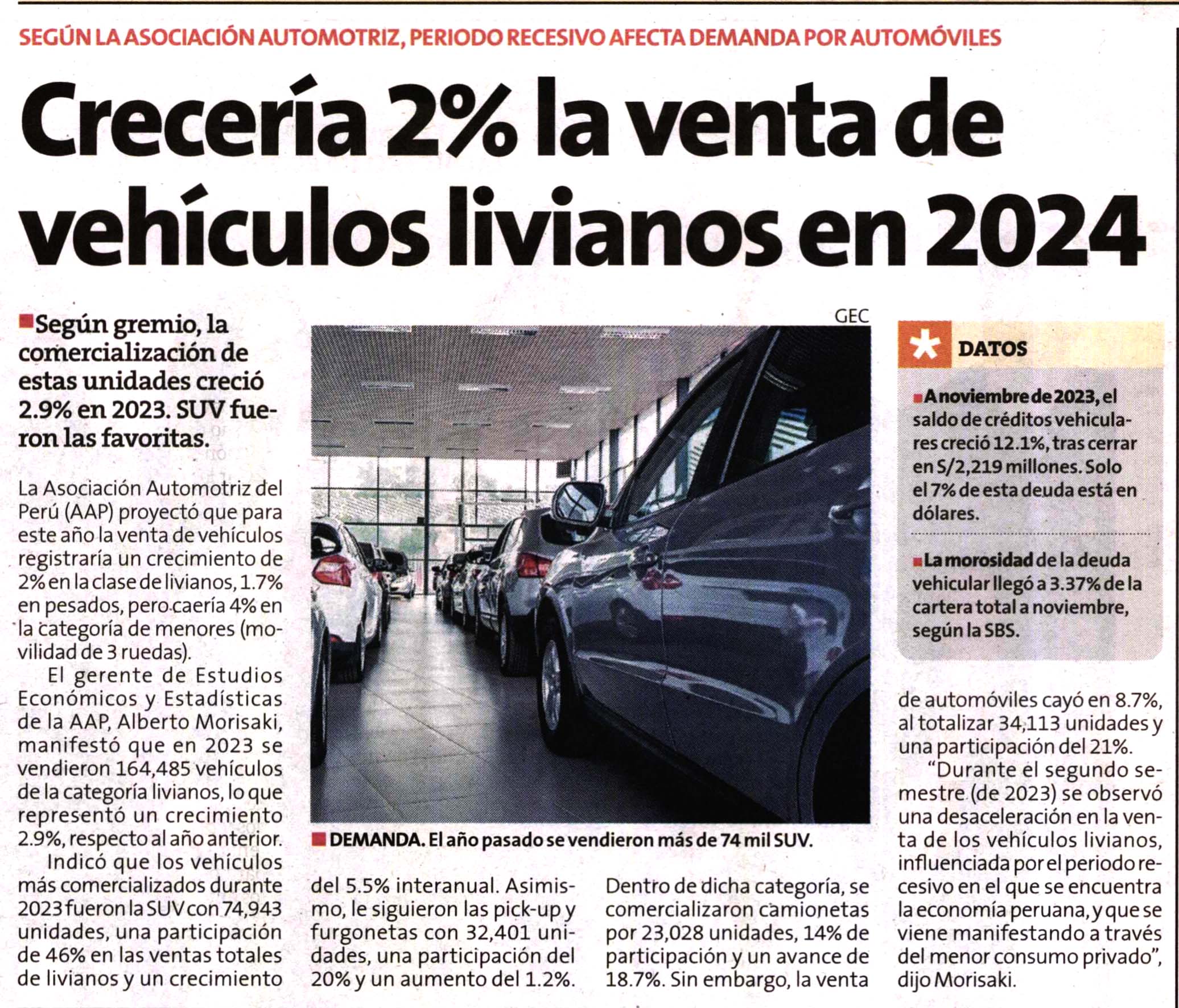 Crecería 2% la venta de vehículos livianos para el 2024
