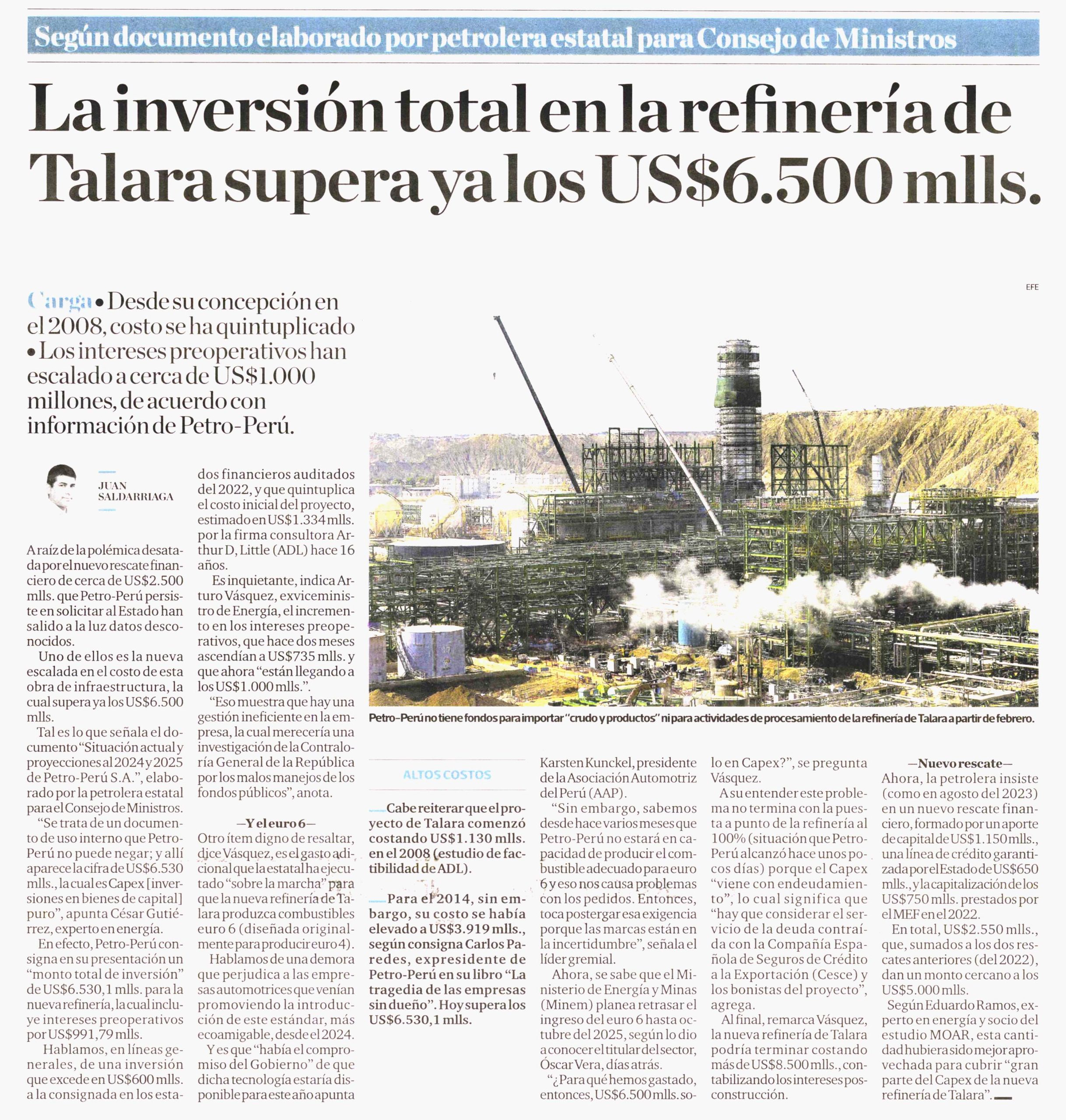 La inversión total en la refinería de Talara supera ya los US$6.500 millones