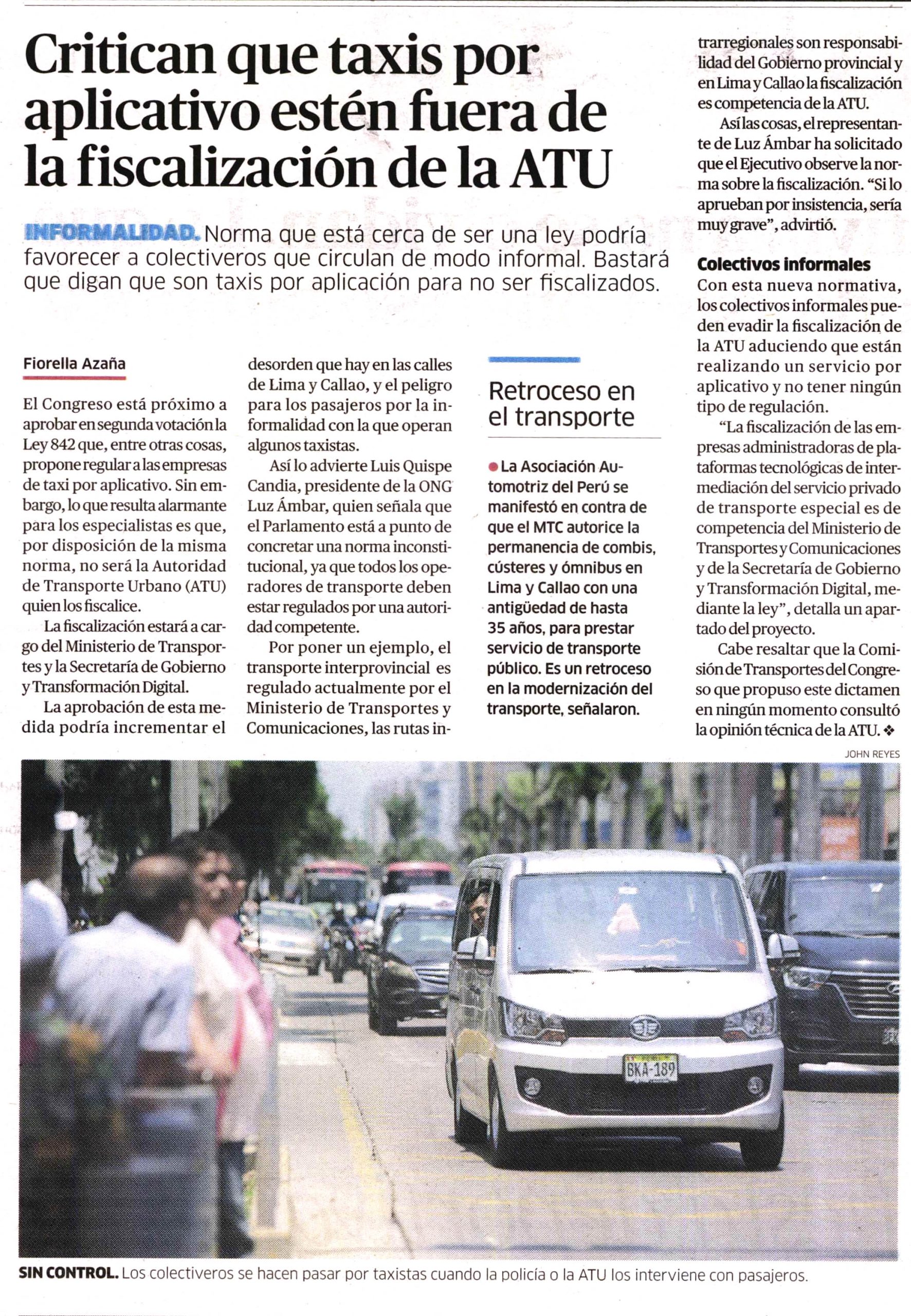 Critican que taxis por aplicativo estén fuera de la fiscalización de la ATU