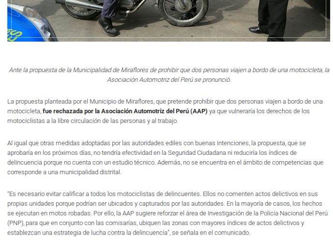AAP rechaza norma contra motociclistas planteada por Miraflores