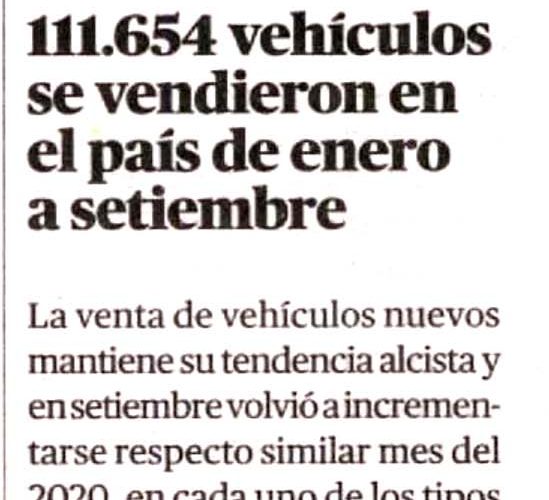 111.654 vehículos se vendieron en el país de enero a setiembre
