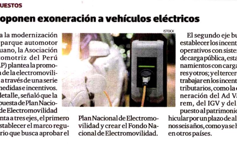 Proponen exoneración a vehículos eléctricos