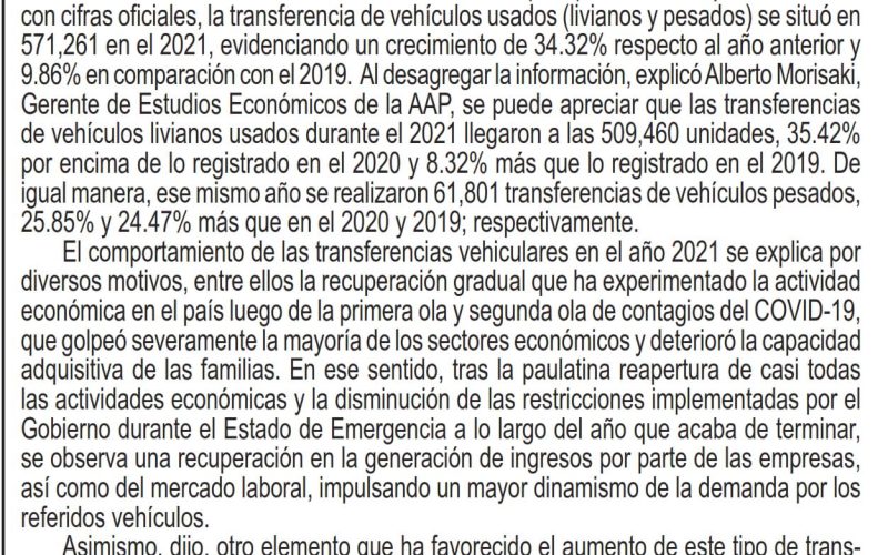 Transferencia de vehículos usados cerró el 2021 con 35% de crecimiento