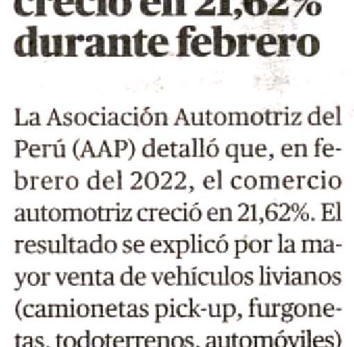 Comercio automotriz creció en 21,62% durante febrero