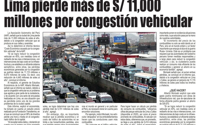 Lima pierde más de 11 mil millones por congestión vehicular
