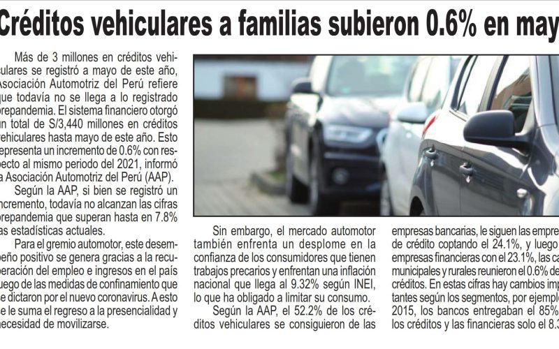 Créditos vehiculares a familias subieron 0.6% en mayo