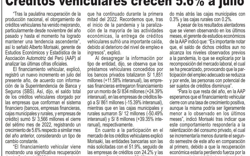 Créditos vehiculares crecen 5.6% a julio de 2022