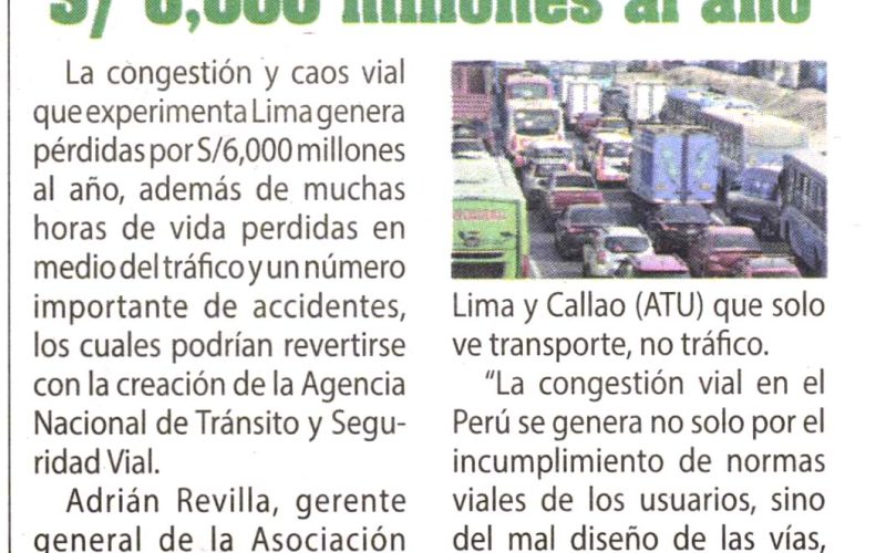 Tráfico vehicular en Lima genera pérdidas por S/ 6,000 millones al año