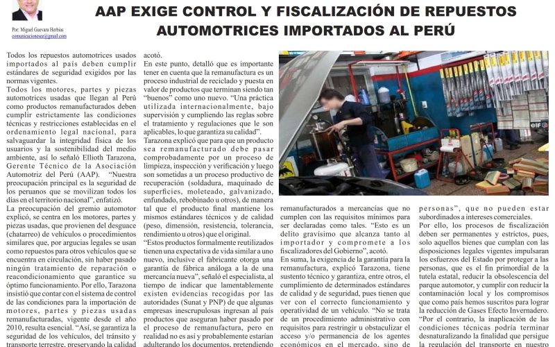 AAP exige control y fiscalización de repuestos automotrices importados al Perú