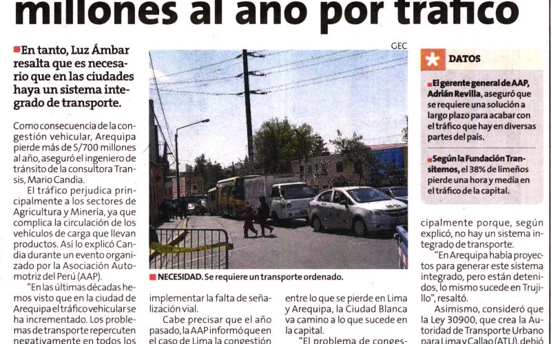 Arequipa pierde más de 700 millones de soles al año por congestión vehicular