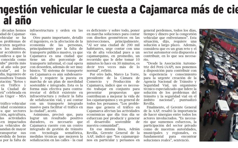 La congestión vehicular le cuesta a Cajamarca más de cien millones al año