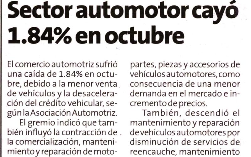 Sector automotor cayó 1.84% en octubre