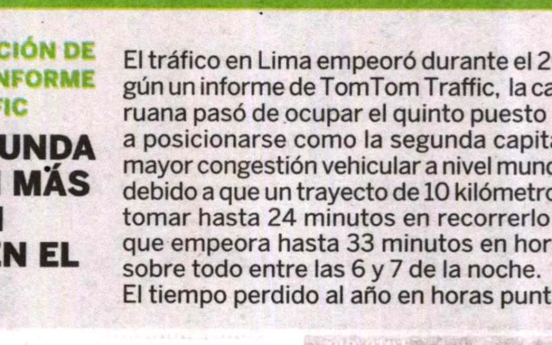Lima, la segunda capital con más congestión vehicular en el mundo