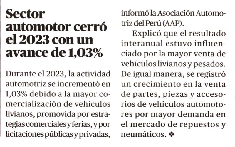 Sector automotor cerró el 2023 con un avance de 1,03%