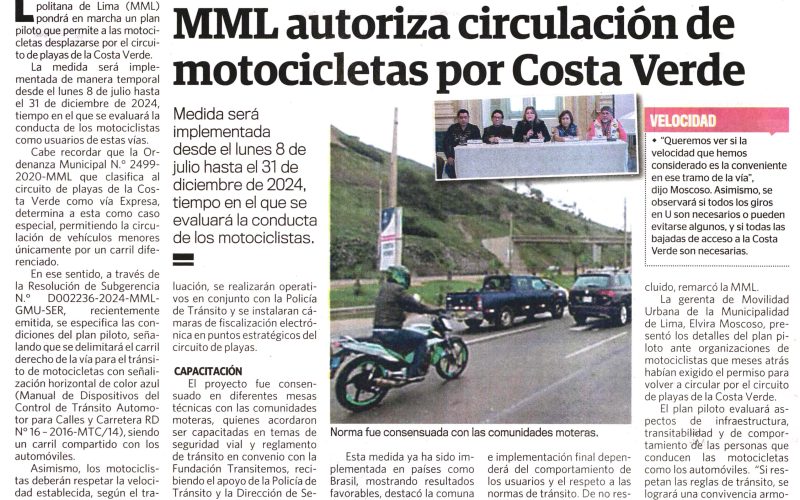 MML autoriza circulación de motocicletas por Costa verde