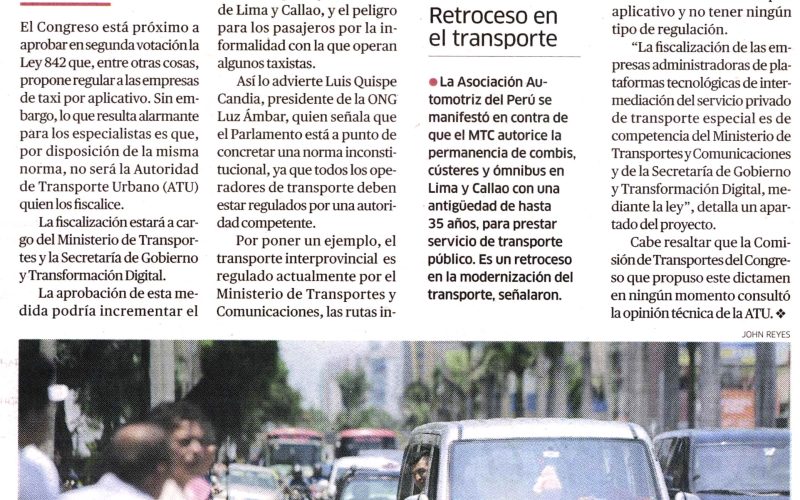 Critican que taxis por aplicativo estén fuera de la fiscalización de la ATU