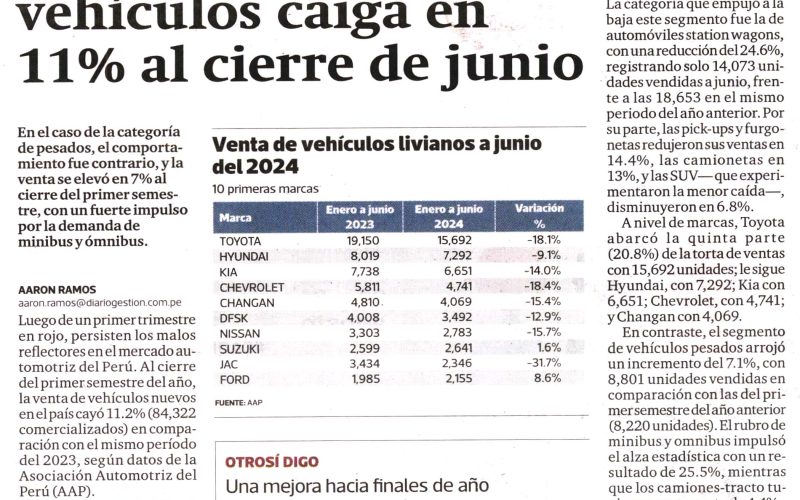 Segmento de livianos hace que venta de vehículos caiga en 11% al cierre de junio