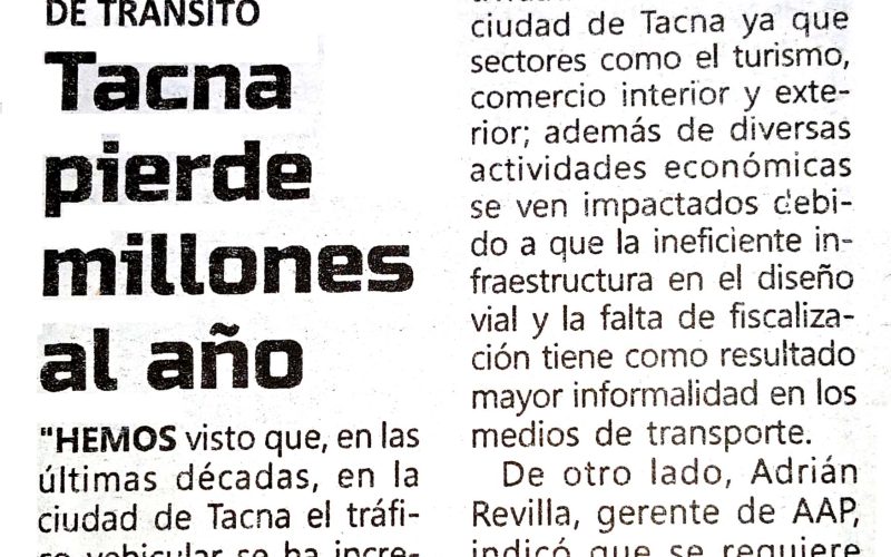 Tacna: congestión vehicular genera pérdidas de hasta S/ 215 millones al año