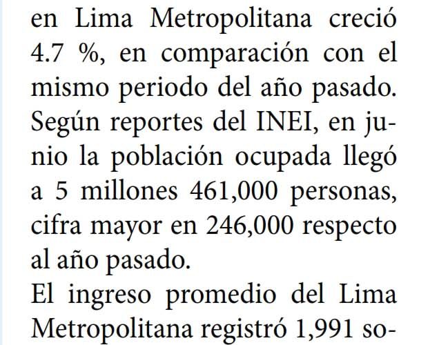 Población con empleo en Lima Metropolitana sigue en crecimiento